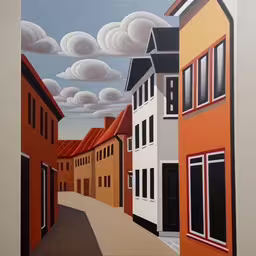 a painting of red houses in an alley between other buildings,a painting of red houses and white buildings in the background