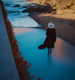 the person in the long coat is standing near the river