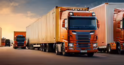 a big rig truck sitting in the middle of the road,a line of trucks traveling down the road