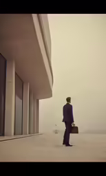 a man walking along a walkway with luggage in his hand
