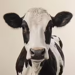 a black and white cow with horns is looking straight at the camera