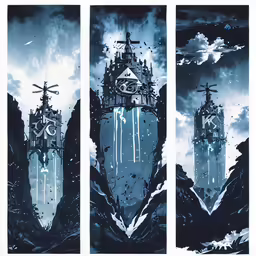 a series of drawings depicting a landscape of a large building