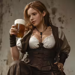 the woman is holding a glass of beer