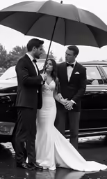 two men and a woman standing in the rain holding umbrellas