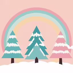 three snowy trees and a rainbow on a pink background