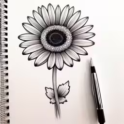 there is a drawing on top of the sheet,a black and white drawing of a sunflower with a flower bud