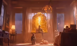 a person sitting in a room with lights around them