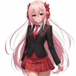 a woman in a skirt, jacket and tie