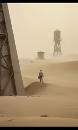 two men walking on a desert beach under some dust