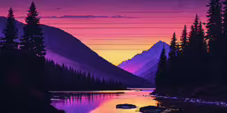 there is a painting on the wall of a river in the wilderness,an illustration of a sunset at the bottom of mountains