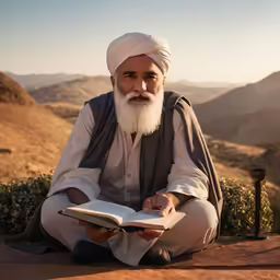 man sitting on a hill reading a book in front of him