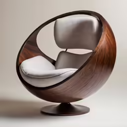 a chair with a curved wooden base and a white cushion