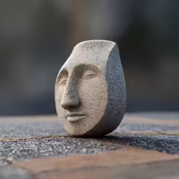a stone sculpture head resting on the pavement