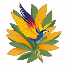 a brightly colored bird sitting on top of some leaves