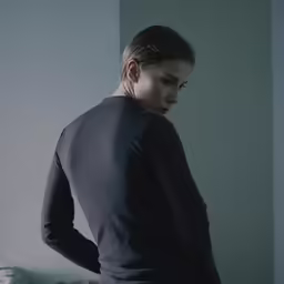 a woman standing in front of a white wall