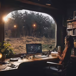 a woman looks out of a window at a wildlife scene