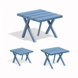 three square and rectangular blue benches