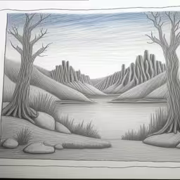 a drawing of trees and water with no leaves