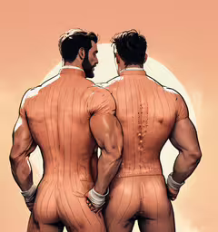 two men in their underwear looking at each other,two male nude bodies facing each other and showing their bare butts