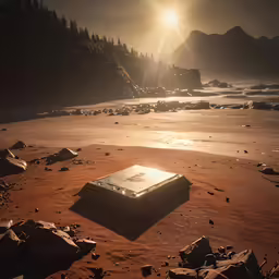a box laying on a beach covered in sand