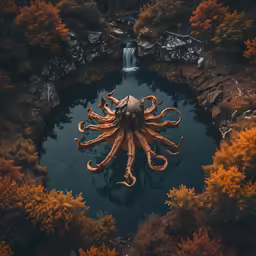 a octopus is surrounded by a water fall