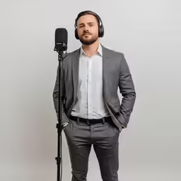 a man with headphones is standing in front of a microphone and microphone
