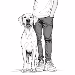 a man standing next to his dog on a leash