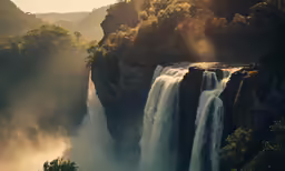 waterfalls with mist in the background and sunbeams shining down