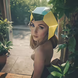 a woman with a hat on top of her head