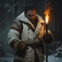the actor holds a torches in his hand