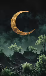 a full moon shines over some bushes and trees