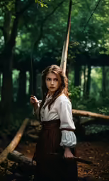 young girl in long dress holding a sword standing with other people