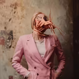 a woman in a pink suit has been made into a mask