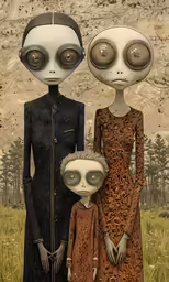 a couple of weird looking alien like creatures standing next to each other