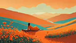 a woman in a yellow dress is sitting on a bench in the middle of a field of flowers,a painting of a woman in orange sitting on a blanket in a field