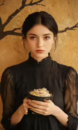 a woman holding a bowl of food in front of a tree