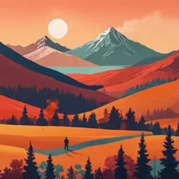 a stylized painting of a person walking along a pathway towards mountains,a painting of a person walking in the mountains with an orange sky