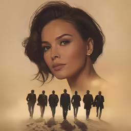 a poster of a woman and four men standing in front of a foggy background