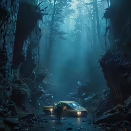 two people standing in the dark in the rain