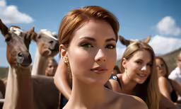 a woman standing next to two horses looking at the camera