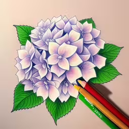 a pencil and drawing of a flower on a paper,a drawing of a lilac flower next to pencils