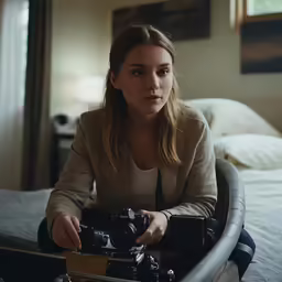 a woman is taking pictures while sitting on a bed