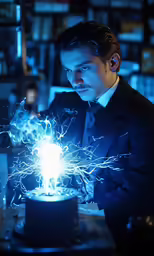 a man in a suit holding an electrical device to light a sparkler