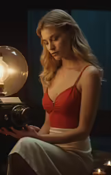 a woman sitting on a chair and looking at an antique camera