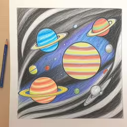 a drawing of a pencil drawing of the planets,the planets are colored in the black and white,a drawing with markers and a pencil in it,a drawing of planets with pencils on a table,a drawing of the solar system with pencils on the table