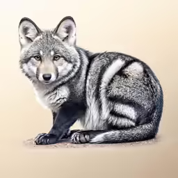 the fox is sitting down on the sand