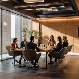 a group of business people sitting around a table
