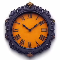 a large orange and blue clock on the wall