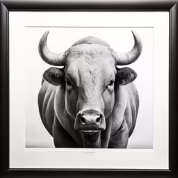 a large bull with big horns in a frame
