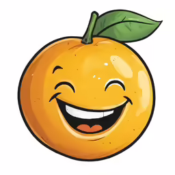 an orange is smiling and holding green leaf on its head